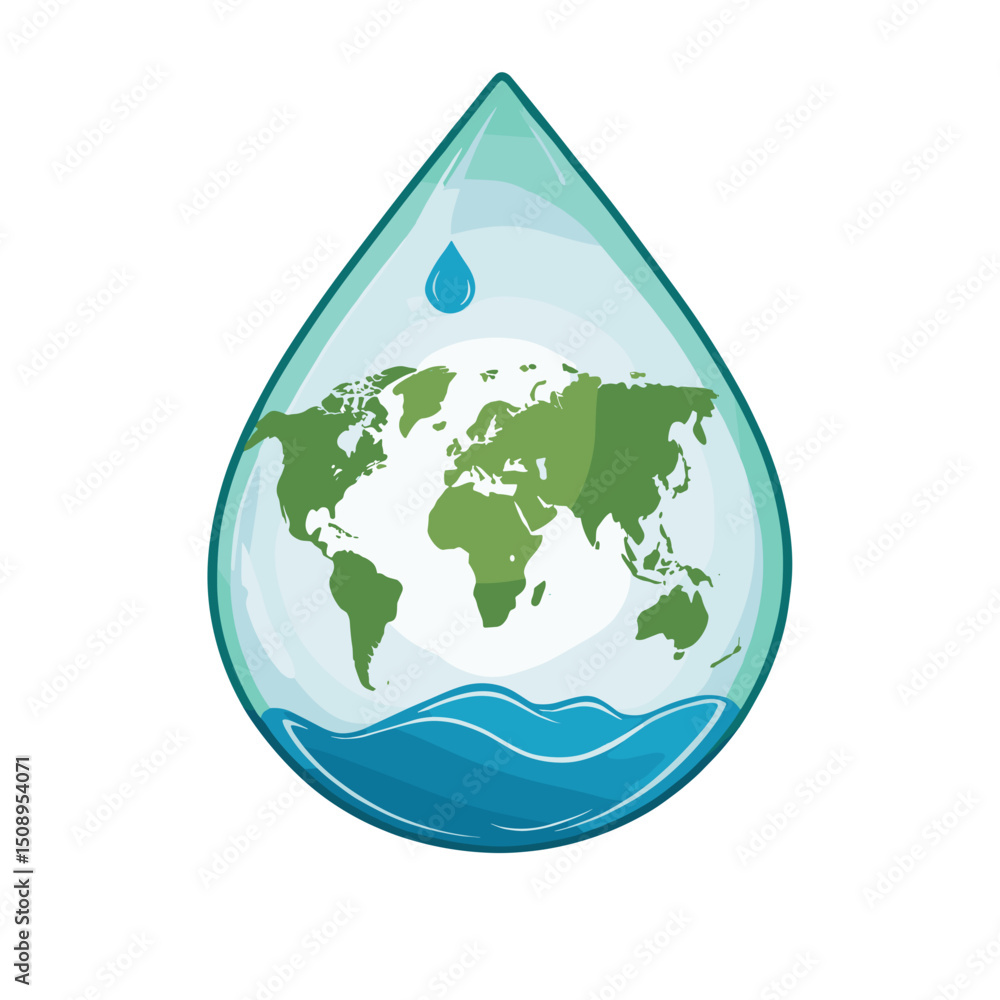 Obraz premium Water droplet containing a green globe and waves in a vibrant design, environmental concept