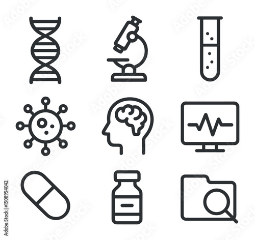 Medical Breakthrough Icons. Outline icon set of medical research breakthroughs: DNA helix,