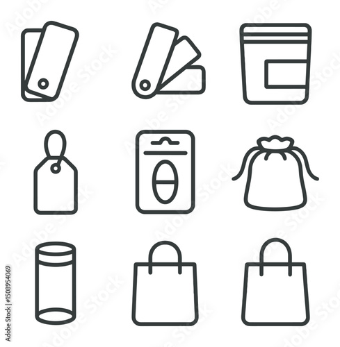 Packaging Icons Grid. Outline icon set of packaging designs display: sample color card, swatch book, branded box, resealable zip