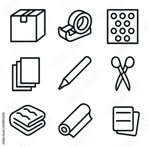 Packing Essentials Icons. Outline icon set of packing essentials: cardboard box, tape dispenser, bubble wrap, packing paper,
