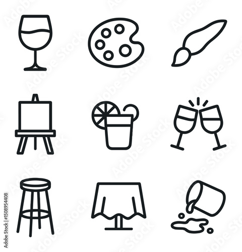 Paint and Sip Icons. Outline icon set of paint and sip party: wine glass, paint palette, brush stroke, canvas easel, cocktail