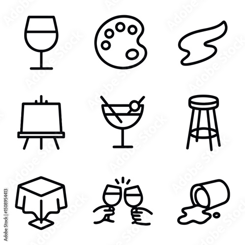 Paint and Sip Icons. Outline icon set of paint and sip party: wine glass, paint palette, brush stroke, canvas easel, cocktail