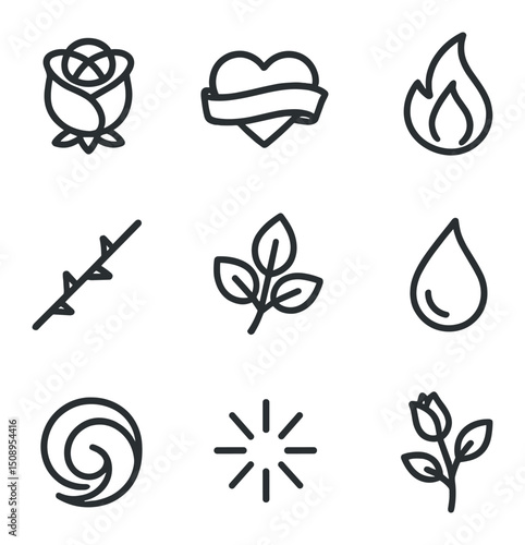 Heart, Rose, Flame Icons. Outline icon set of heart entwined with rose and flame: rose bloom, heart ribbon, flame tip, thorn stem,