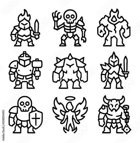 Hellish Guardians Icons. Outline icon set of hellish guardians: Flame Sentinel, Bone Colossus, Lava Sentinel, Iron Warden, Spiked