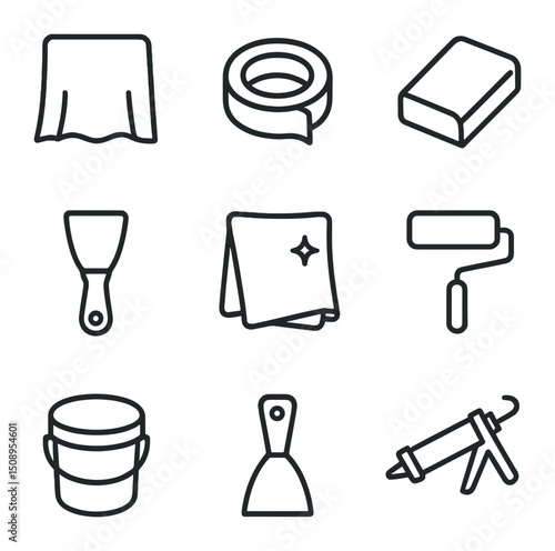 Painting Prep Icons. Outline icon set of painting prep tools: drop cloth, painter’s tape, sandpaper block, putty knife, cleaning