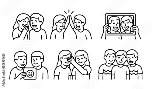 Friendship and fun activities with smiling friends in black and white line art