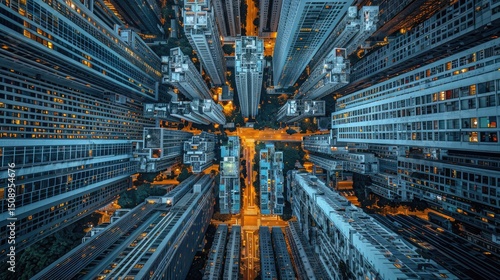 Bird's-eye view of downtown skyscrapers - Looking straight down between towering glass buildings to streets far below, all under vast clear sky, dizzying perspective