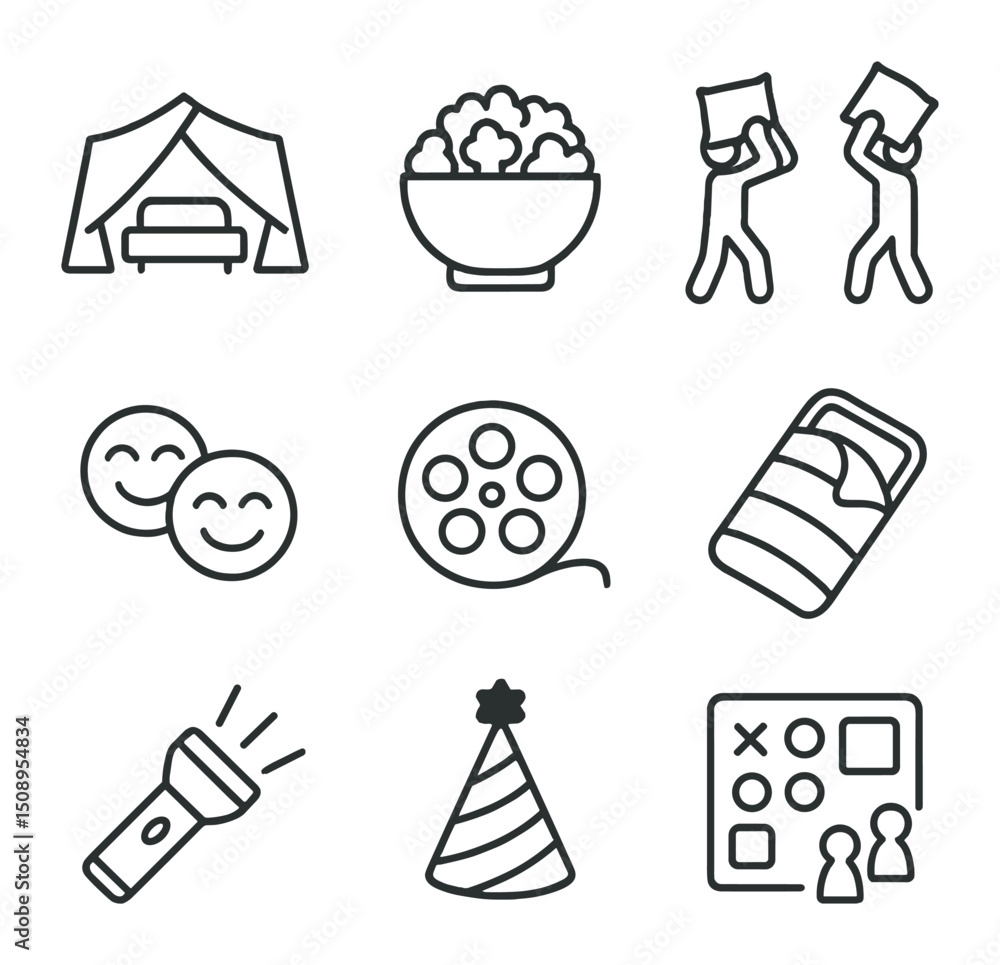 Fototapeta premium Pajama Party Icons. Outline icon set of pajama party fun: blanket fort, popcorn bowl, pillow fight, flashlight beam, giggling