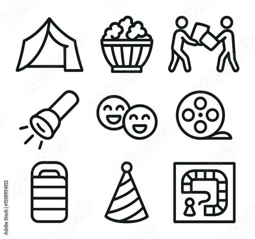 Pajama Party Icons. Outline icon set of pajama party fun: blanket fort, popcorn bowl, pillow fight, flashlight beam, giggling