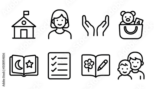 Educational and childhood icons: learning, care, and development concepts