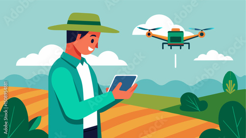 A farmer uses a tablet device to remotely control an eVTOL equipped with precision spraying technology targeting only areas of the farm that need pesticide.. Vector illustration