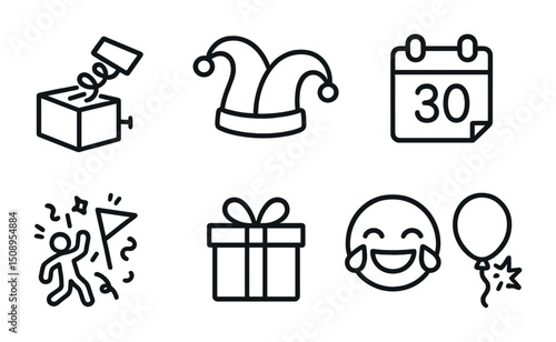 April fools day symbols with joker hat, gift, and laughing emoji