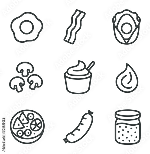 Paleo Breakfast Icons. Outline icon set of paleo breakfast items: fried egg, bacon strip, avocado toast (lettuce wrap), mushroom