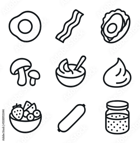 Paleo Breakfast Icons. Outline icon set of paleo breakfast items: fried egg, bacon strip, avocado toast (lettuce wrap), mushroom