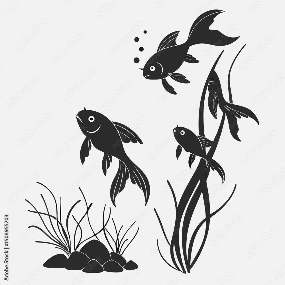 Naklejka premium Black silhouette of goldfish with algae and bubbles minimalist underwater scene