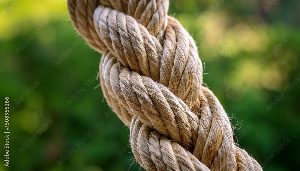 thick natural twisted rope close up with beige hemp fibers showing detailed texture and spiral pattern against blurred green background thick natural twisted rope close up with beige hemp fibers showing detailed texture and spiral pattern against blurred green background