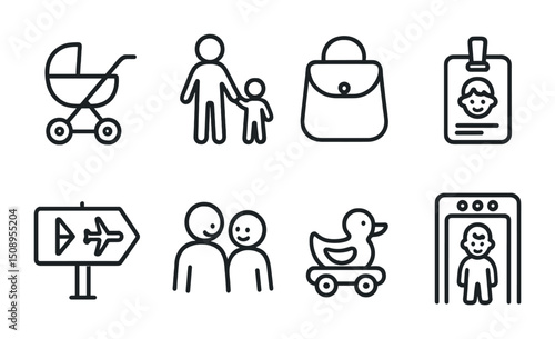 Family travel icons set for parent and child essentials and security
