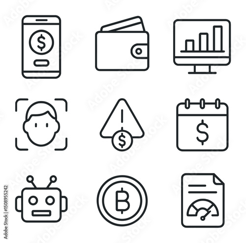 Modern Fintech Icons. Outline vector icons of modern fintech tools and services: mobile banking app,