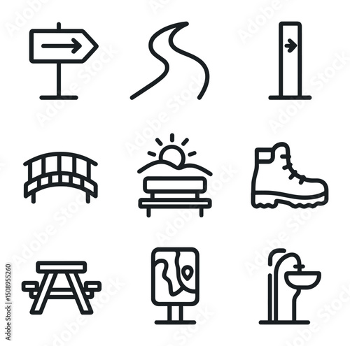 Hiking Trail Icons. Outline icon set of lowland hiking trails: trailhead sign, dirt trail, trail marker, wooden bridge, viewpoint