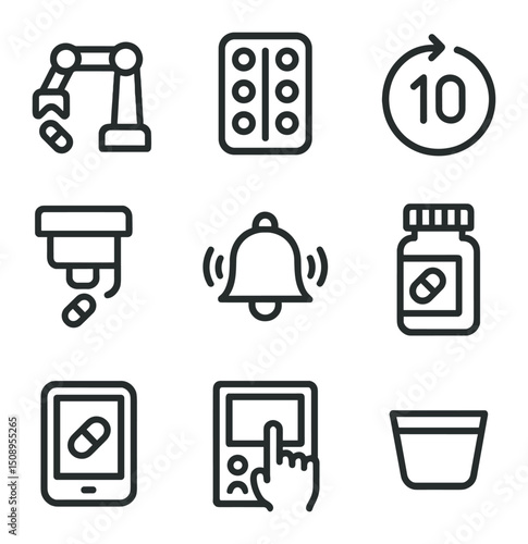 Medication Robot Icons. Outline icon set of medication dispensing robots: robotic arm, pill blister pack, countdown timer,