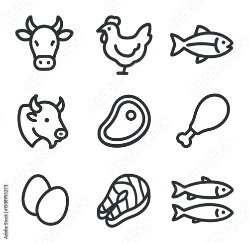 Paleo Protein Icon Set. Outline icon set of paleo protein sources: grass-fed beef, free-range chicken, wild salmon, bison steak,