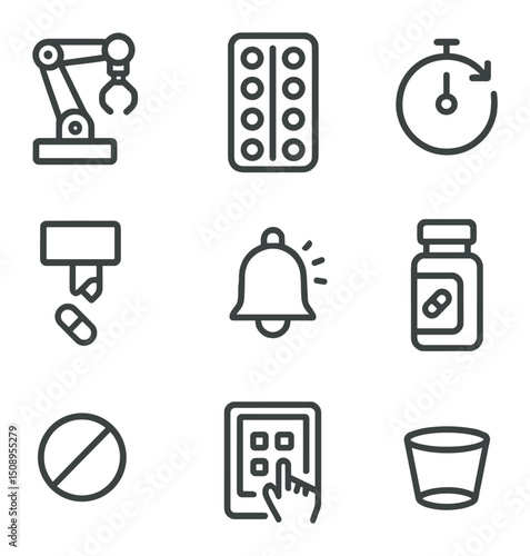 Medication Robot Icons. Outline icon set of medication dispensing robots: robotic arm, pill blister pack, countdown timer,