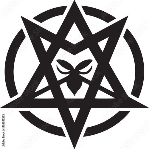 A black and white graphic of a star inside a circle with an owl like symbol in the middle area