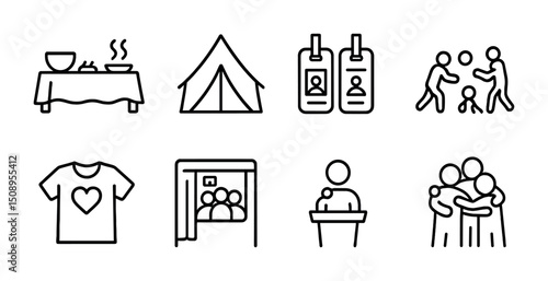 Collection of camping, family reunion, and community event icons for design