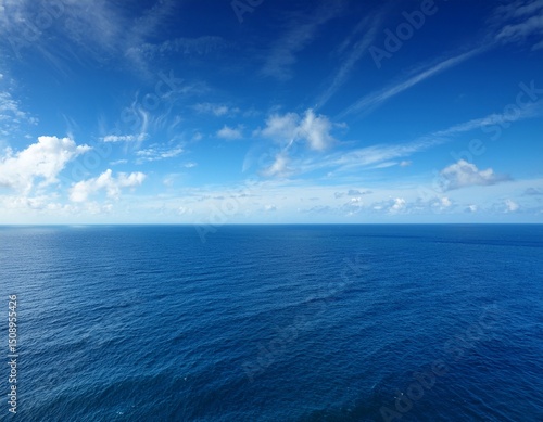 the vast expanse of the ocean stretches out before a clear blue sky dotted with wispy white clouds