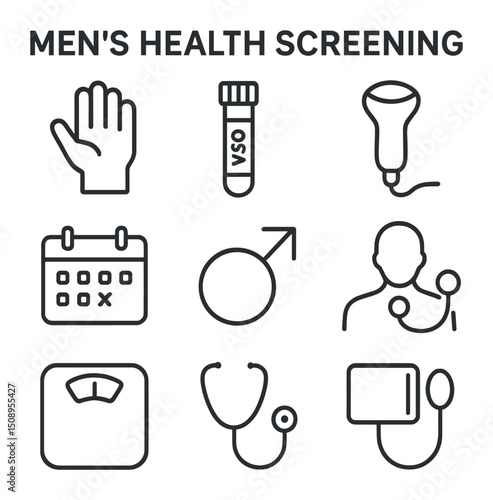 Men's Health Icons. Outline icon set of men’s health screening: prostate exam glove, PSA test vial, testosterone vial, ultrasound
