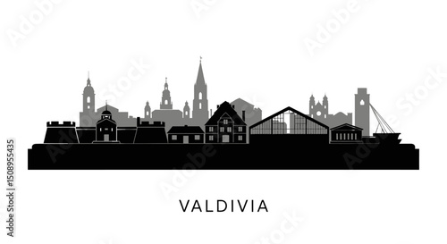 Valdivia Cityscape Black silhouette Chile.