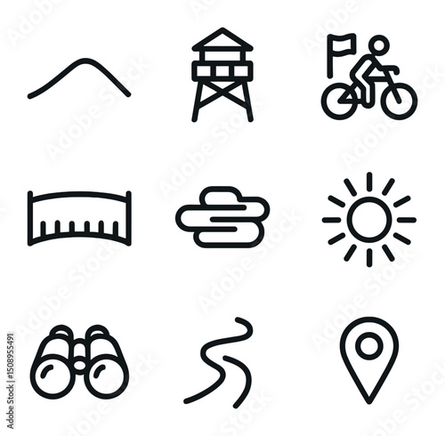 Hilltop Cycling Icons. Outline icon set of hilltop viewpoint cycling: hill outline, lookout tower, cyclist flag, panoramic line,