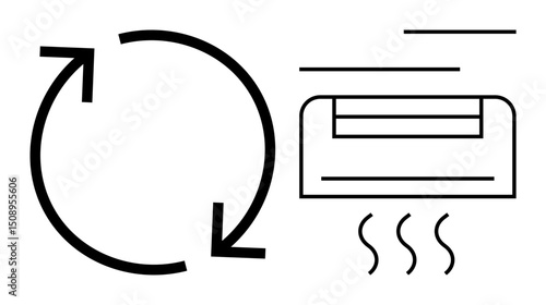 Arrows form a cycle near air conditioning unit emitting airflow and heat lines. Ideal for cooling, ventilation, recycling, efficiency, sustainability, climate control, and energy saving. Flat simple