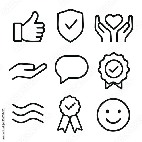 Parental Reassurance Icons. Outline icon set of parental reassurance symbols: thumbs up, checkmark shield, heart in hands, support