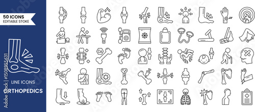 Orthopedic line editable icon set. A set of icons related to broken bones, calcium, x-ray, injury and joints and more. Vector illustration
