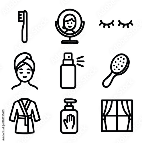 Morning Beauty Routine Icons. Outline icon set of morning beauty routine: toothbrush, mirror