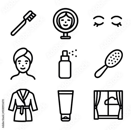Morning Beauty Routine Icons. Outline icon set of morning beauty routine: toothbrush, mirror