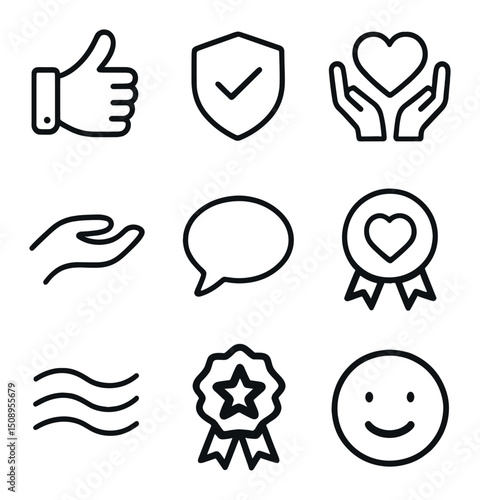 Parental Reassurance Icons. Outline icon set of parental reassurance symbols: thumbs up, checkmark shield, heart in hands, support