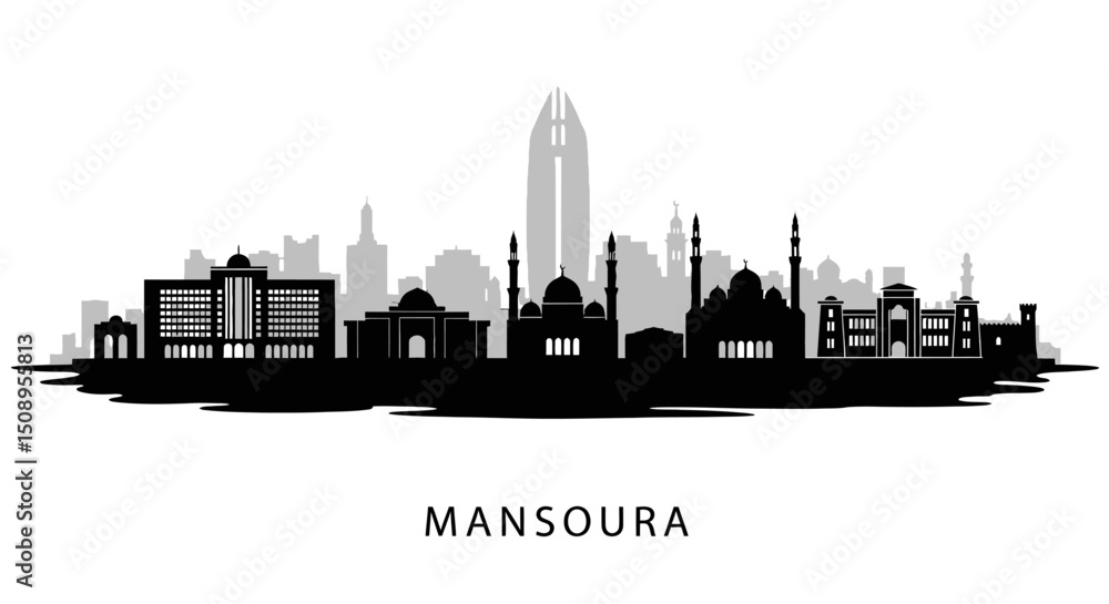 Naklejka premium Mansoura with Egypt Skyline Silhouette Black and White.