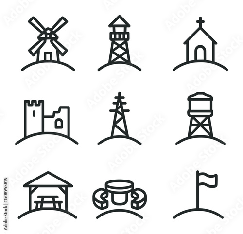 Hilltop Structures Icons. Outline icon set of hilltop structures: windmill, lookout tower, chapel, castle ruins, telecommunication