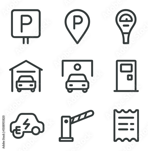 Parking Icon Set. Outline icon set of parking space finders: parking “P” sign, location pin, parking meter, garage icon, vacant