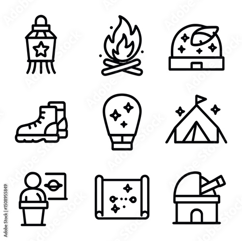 Milky Way Festival Icons. Outline icon set of cultural Milky Way festivals: star festival lantern, solstice bonfire, planetarium