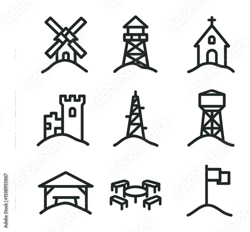 Hilltop Structures Icons. Outline icon set of hilltop structures: windmill, lookout tower, chapel, castle ruins, telecommunication