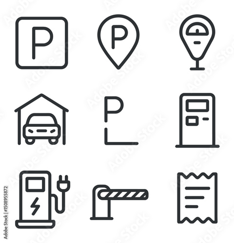 Parking Icon Set. Outline icon set of parking space finders: parking “P” sign, location pin, parking meter, garage icon, vacant