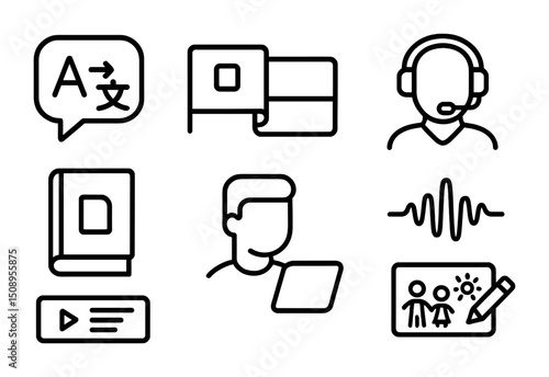 Language learning and communication icons for educational and digital platforms