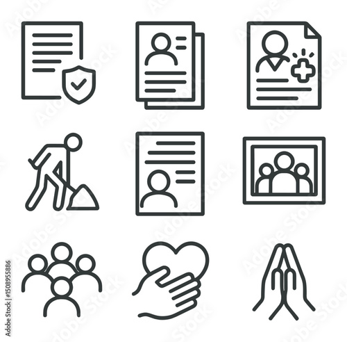 Mitigating Circumstances Icons. Outline icon set of mitigating circumstances arguments: mitigation brief, character reference