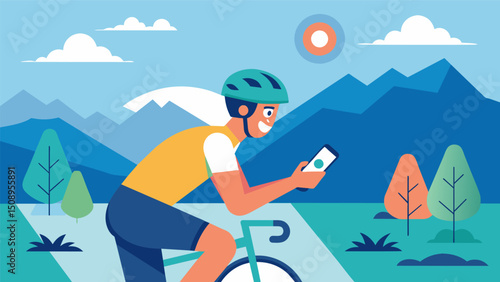 A cyclist pauses on a scenic route to check their fitness app for elevation gain and average speed challenging themselves to improve their performance.. Vector illustration