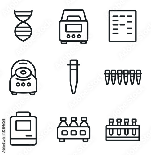 Molecular Biology Icon Set. Outline icon set of molecular biology workflow: DNA double helix, PCR thermocycler, electrophoresis