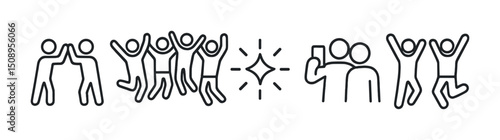 Celebration icons featuring high fives, group selfies, and dancing figures