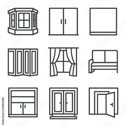Natural Light Icon Set. Outline icon set of natural light design features: bay window, glass